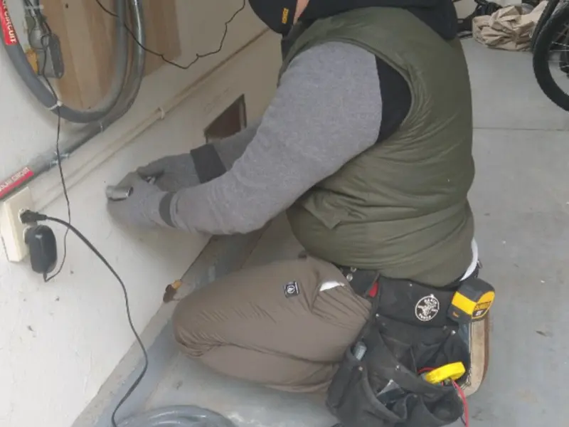 Electrician performing outlet wiring in a Madras garage